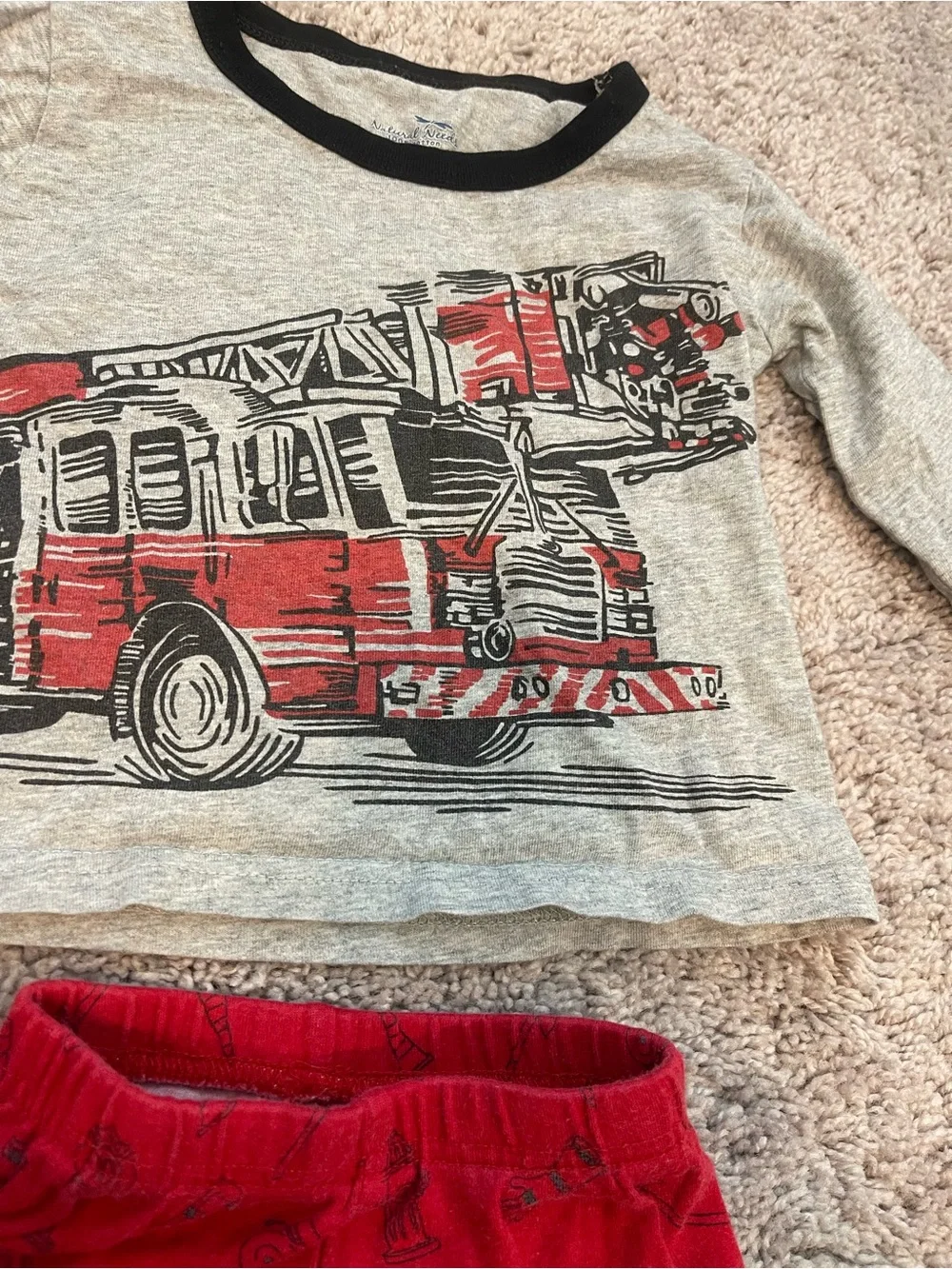 Kids Red Firetruck Pajama Set with Gray Top